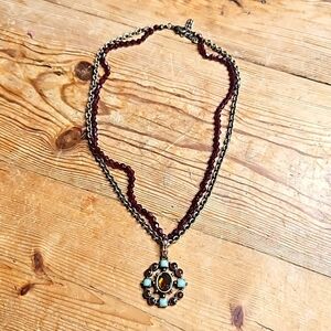 Goldtone Chain with Red Beads Blue, Red & Topaz Glass Pendant Necklace